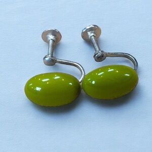 Screw Back Olive Green Oval Classic Dainty Vintage Earrings